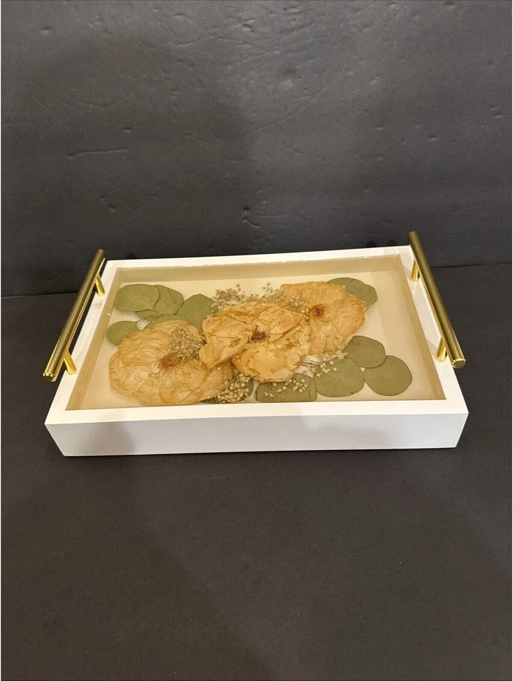 Vtg Wooden Serving Tray W Gold Metal Handles Dried Flowers In Lucite 11.75” L